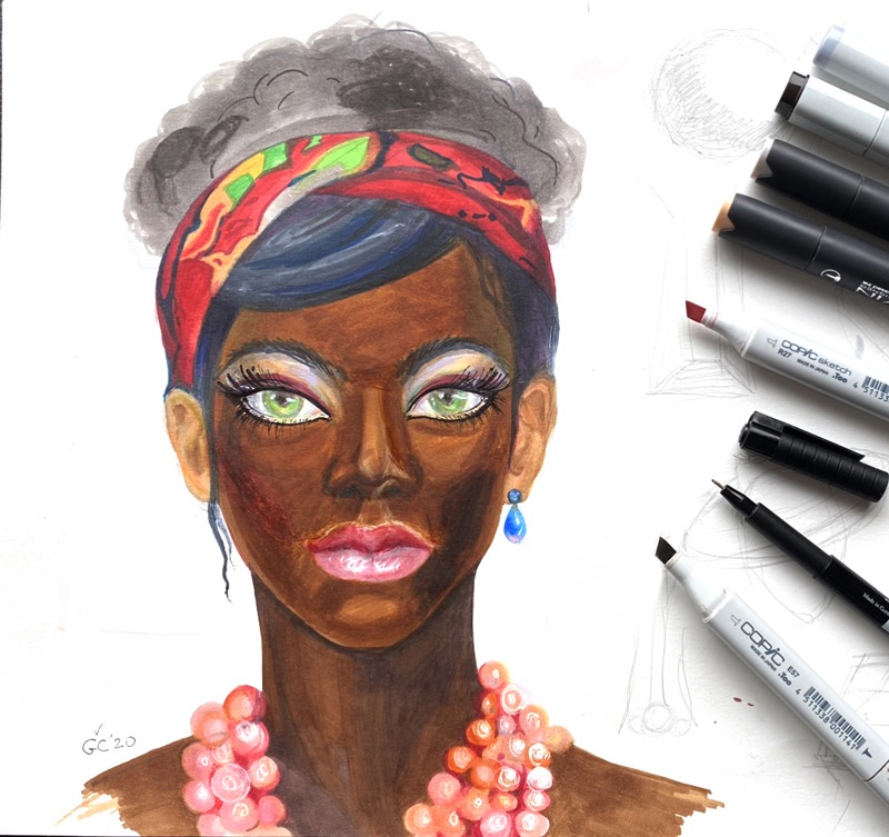 Illustración de moda. La cara de una chica de Africa